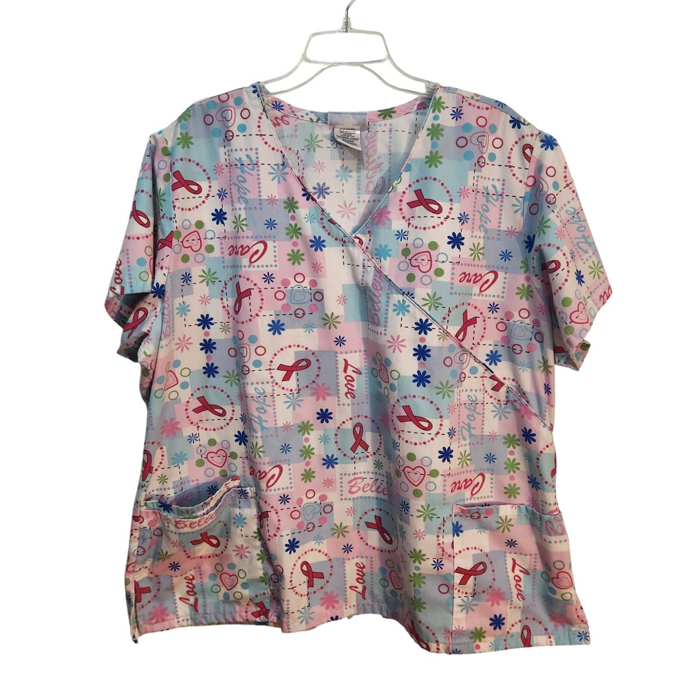 SB Scrubs 2X Care Love Believe Breast Cancer Awareness Print Scrub Top‎